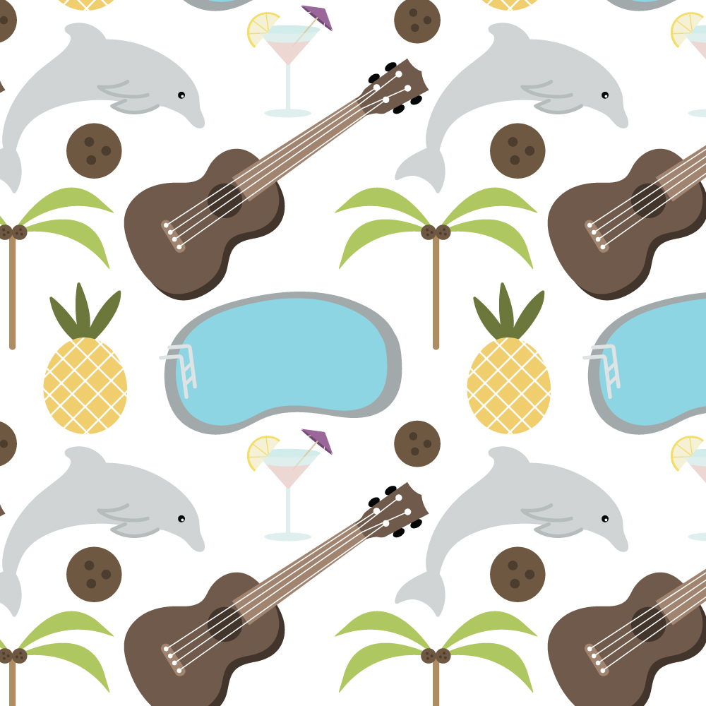 Surface pattern design inspired by my trips to Hawaii featuring, pools, dolphins, ukuleles, palm trees, pineapples, etc.